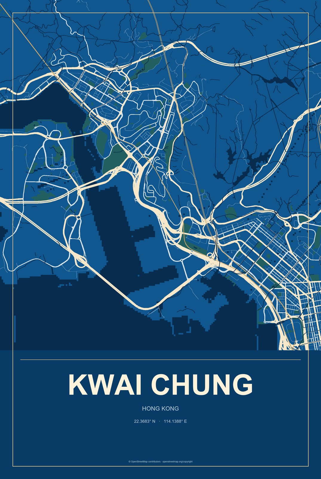 Kwai Chung, Hong Kong City Map Aluminum Sign in Harbor Cobalt style