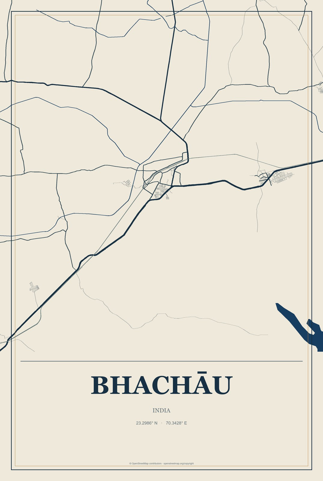 Bhachāu, India City Map Aluminum Sign in Coastal Cutout style