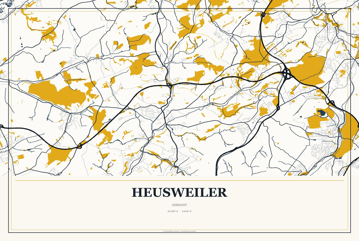 Heusweiler, Germany City Map Aluminum Sign in Citrine Modern style