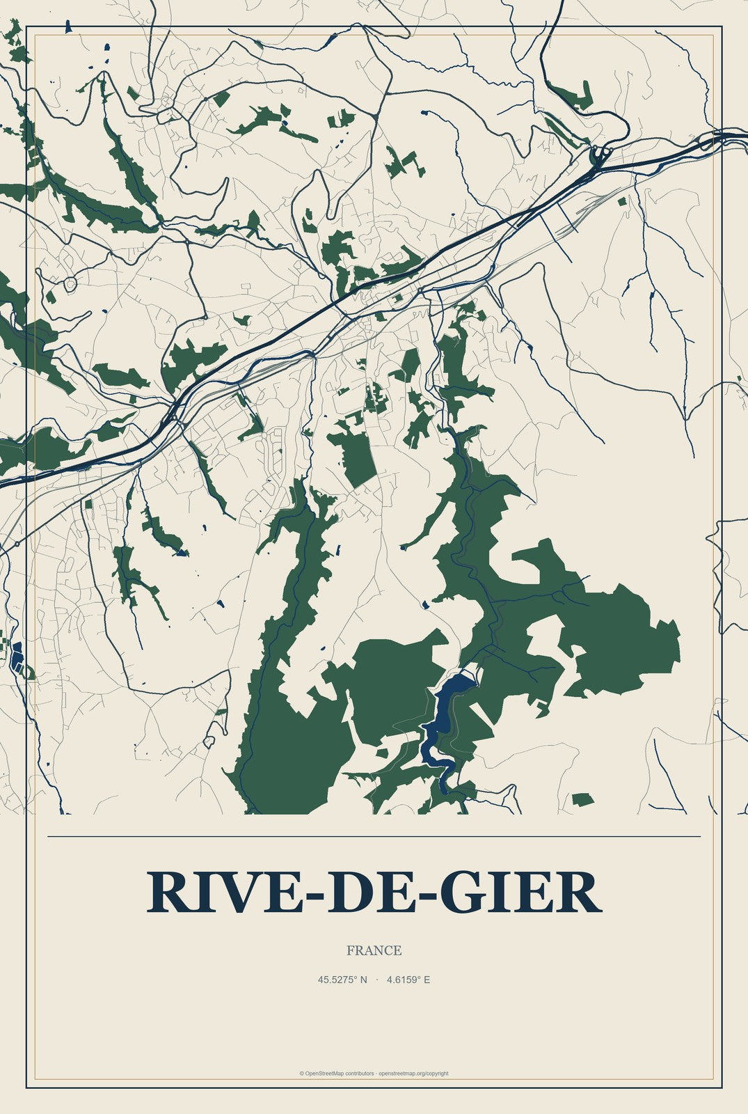 Rive-de-Gier, France City Map Aluminum Sign in Coastal Cutout style
