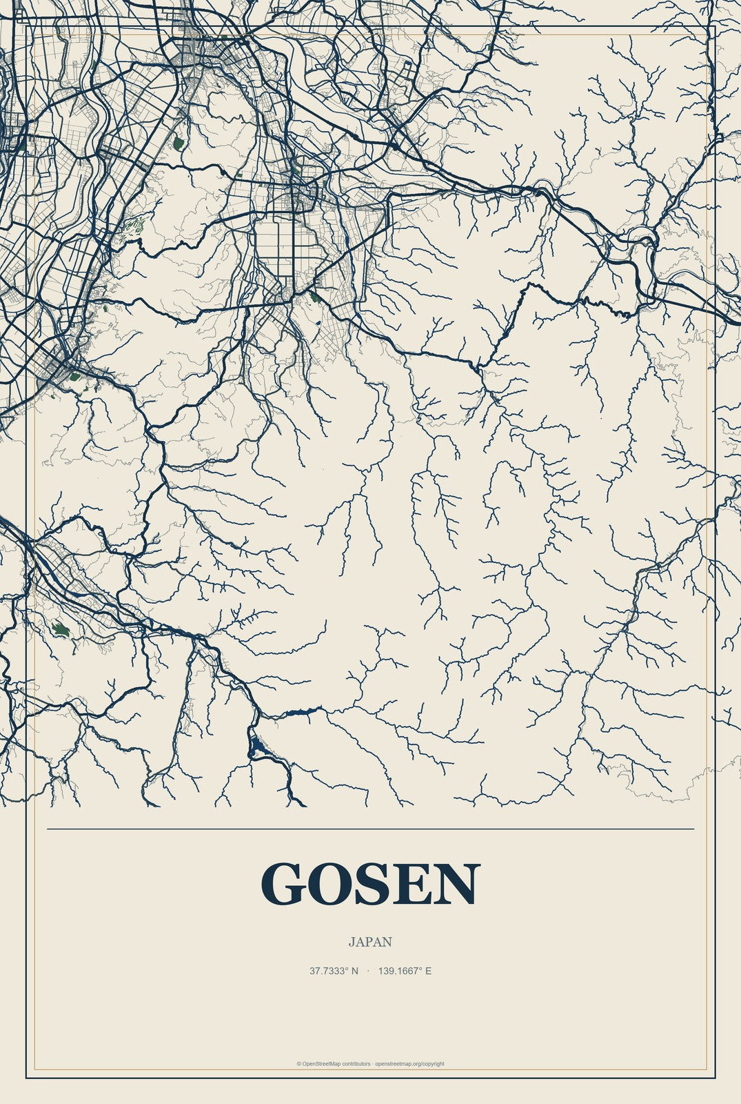 Gosen, Japan City Map Aluminum Sign in Coastal Cutout style