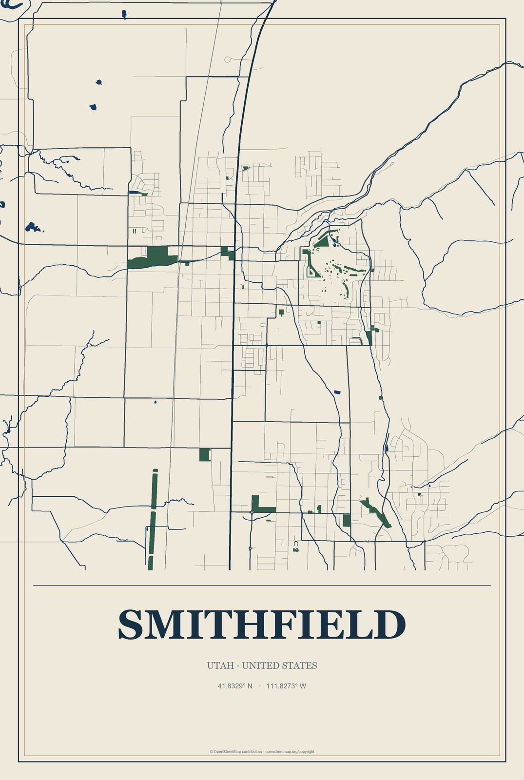 Smithfield, Utah City Map Aluminum Sign in Coastal Cutout style