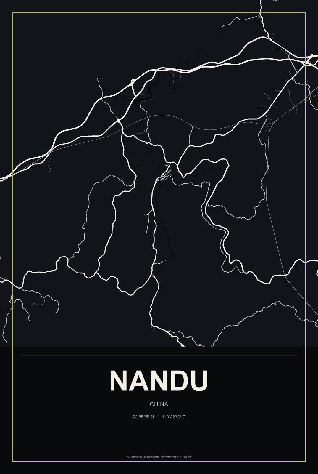 Nandu, China City Map Aluminum Sign in Metropolitan Noir style