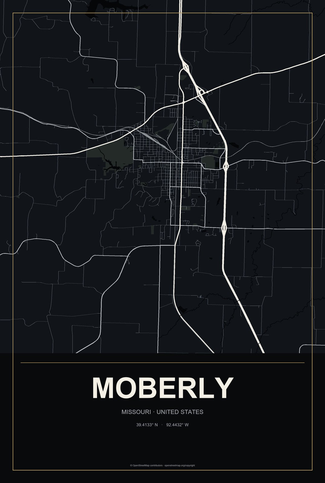 Moberly, Missouri City Map Aluminum Sign in Metropolitan Noir style