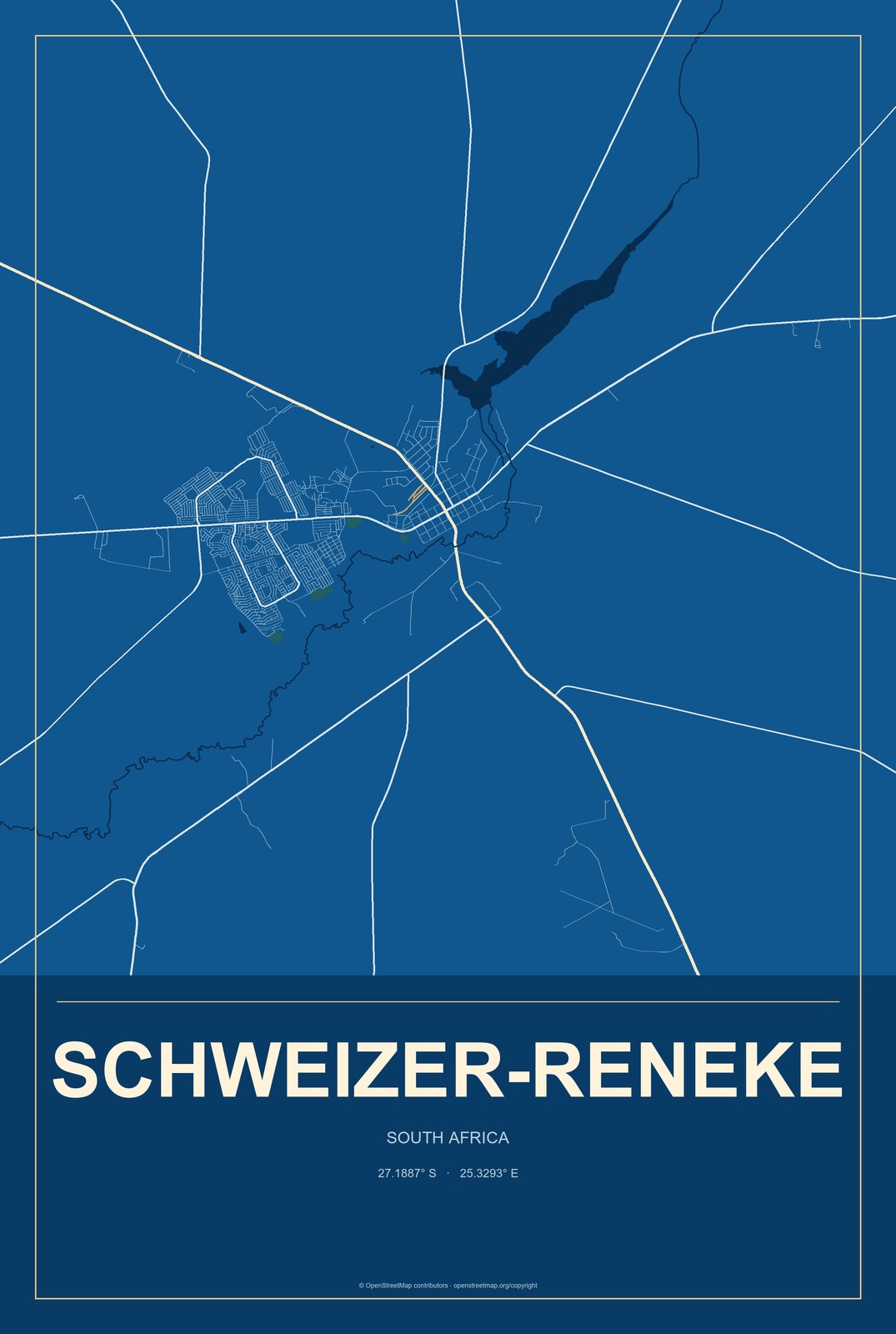 Schweizer-Reneke, South Africa City Map Aluminum Sign in Harbor Cobalt style