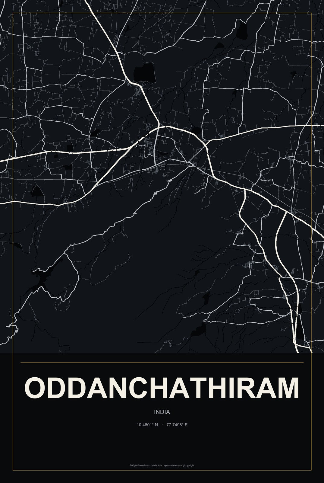 Oddanchathiram, India City Map Aluminum Sign in Metropolitan Noir style