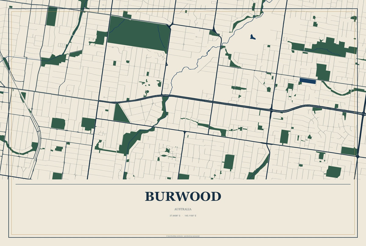 Burwood, Australia City Map Aluminum Sign in Coastal Cutout style