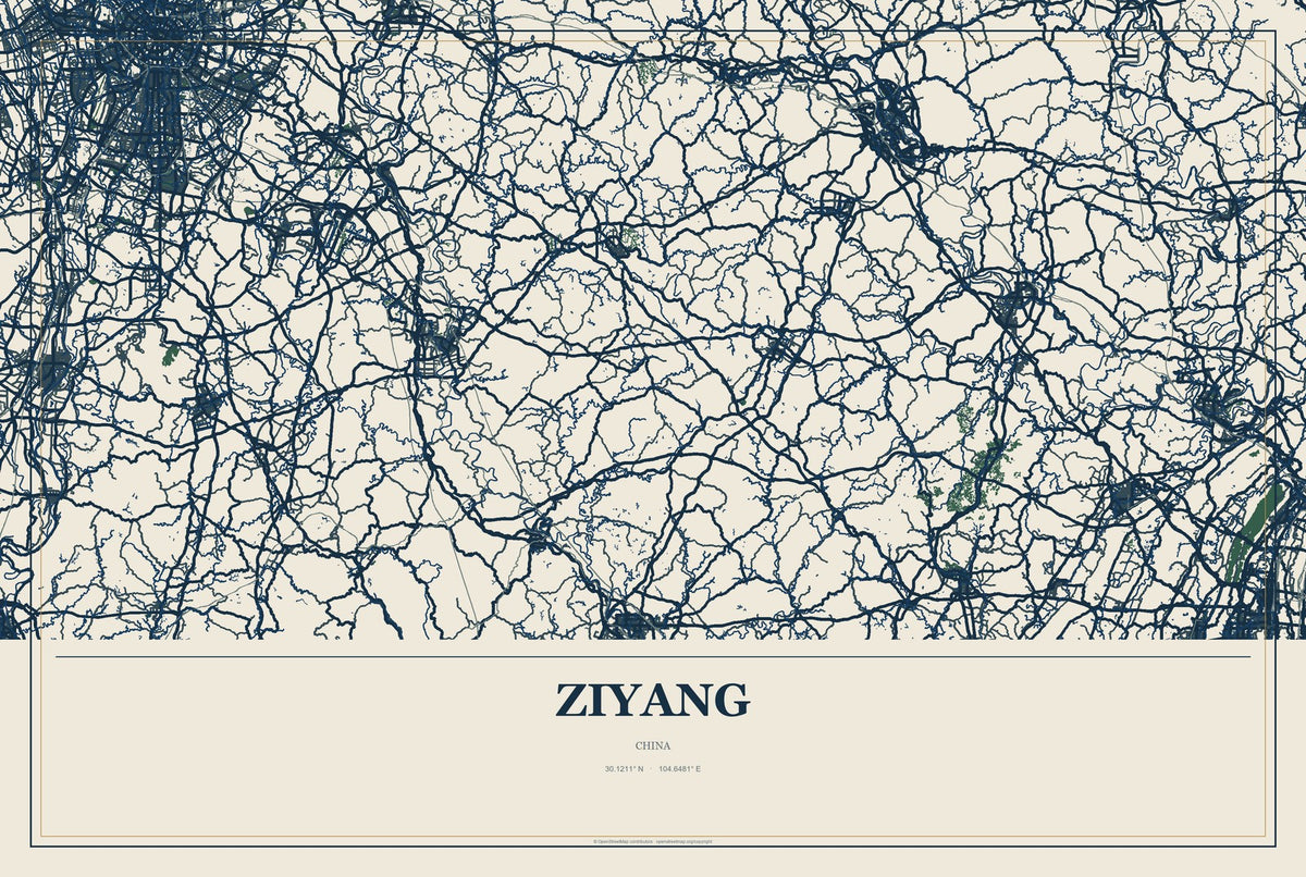 Ziyang, China City Map Aluminum Sign in Coastal Cutout style