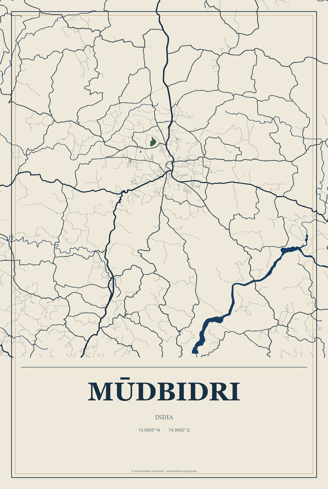 Mūdbidri, India City Map Aluminum Sign in Coastal Cutout style
