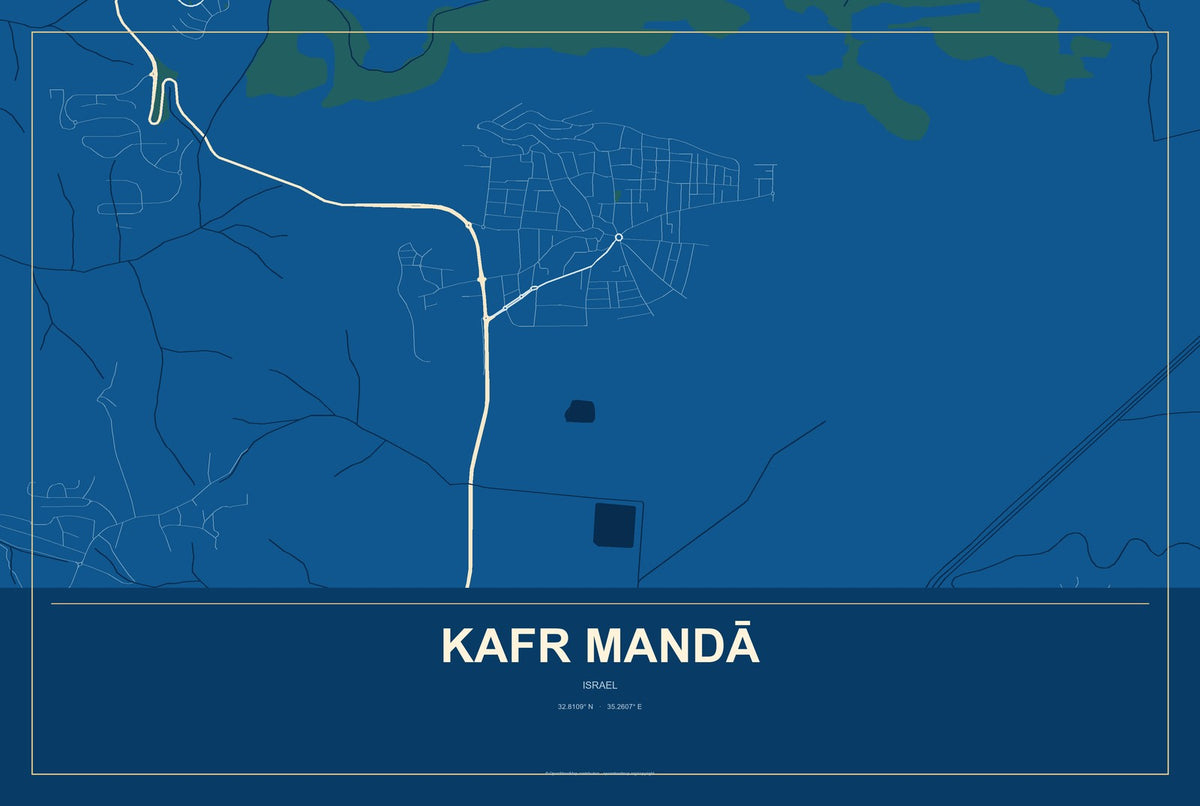 Kafr Mandā, Israel City Map Aluminum Sign in Harbor Cobalt style