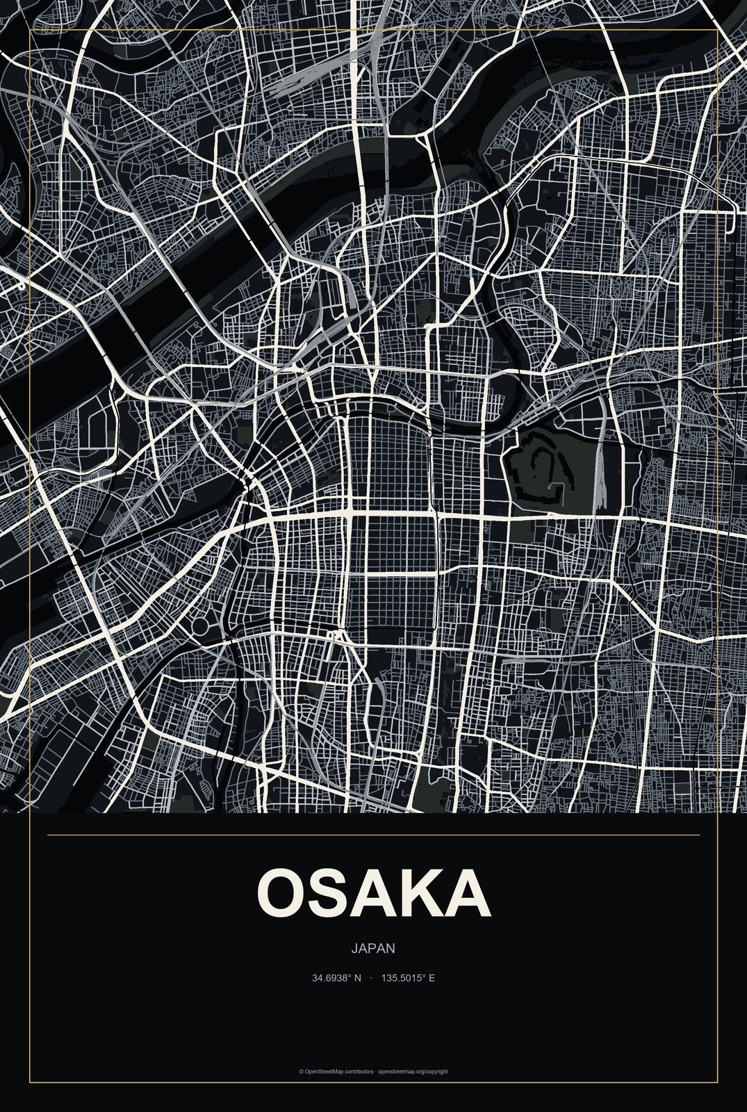 Osaka, Japan City Map Aluminum Sign in Metropolitan Noir style