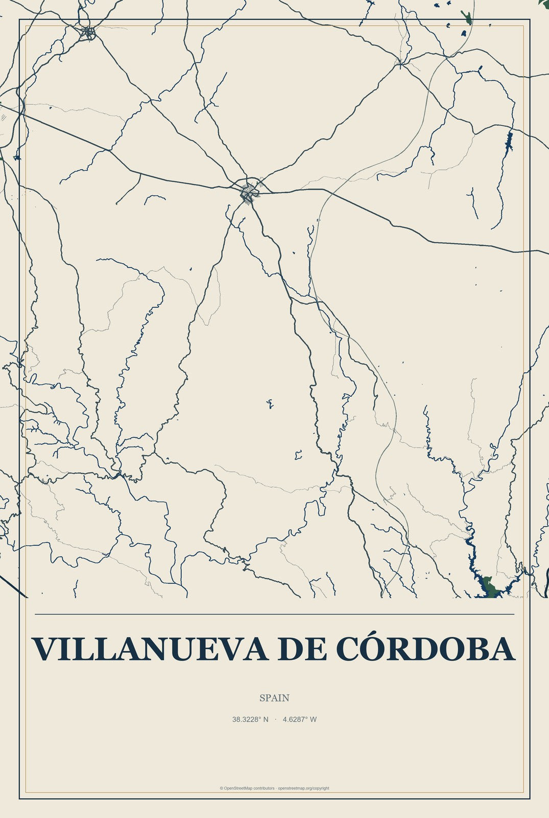 Villanueva de Córdoba, Spain City Map Aluminum Sign in Coastal Cutout style