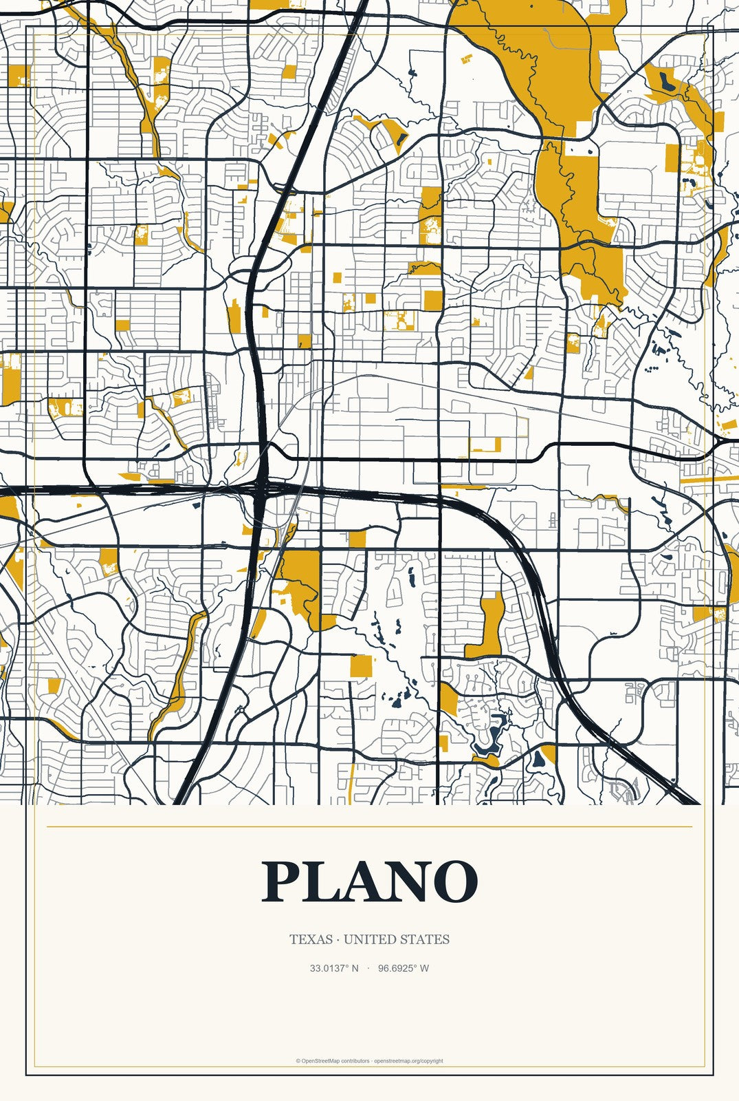 Plano, Texas City Map Aluminum Sign in Citrine Modern style