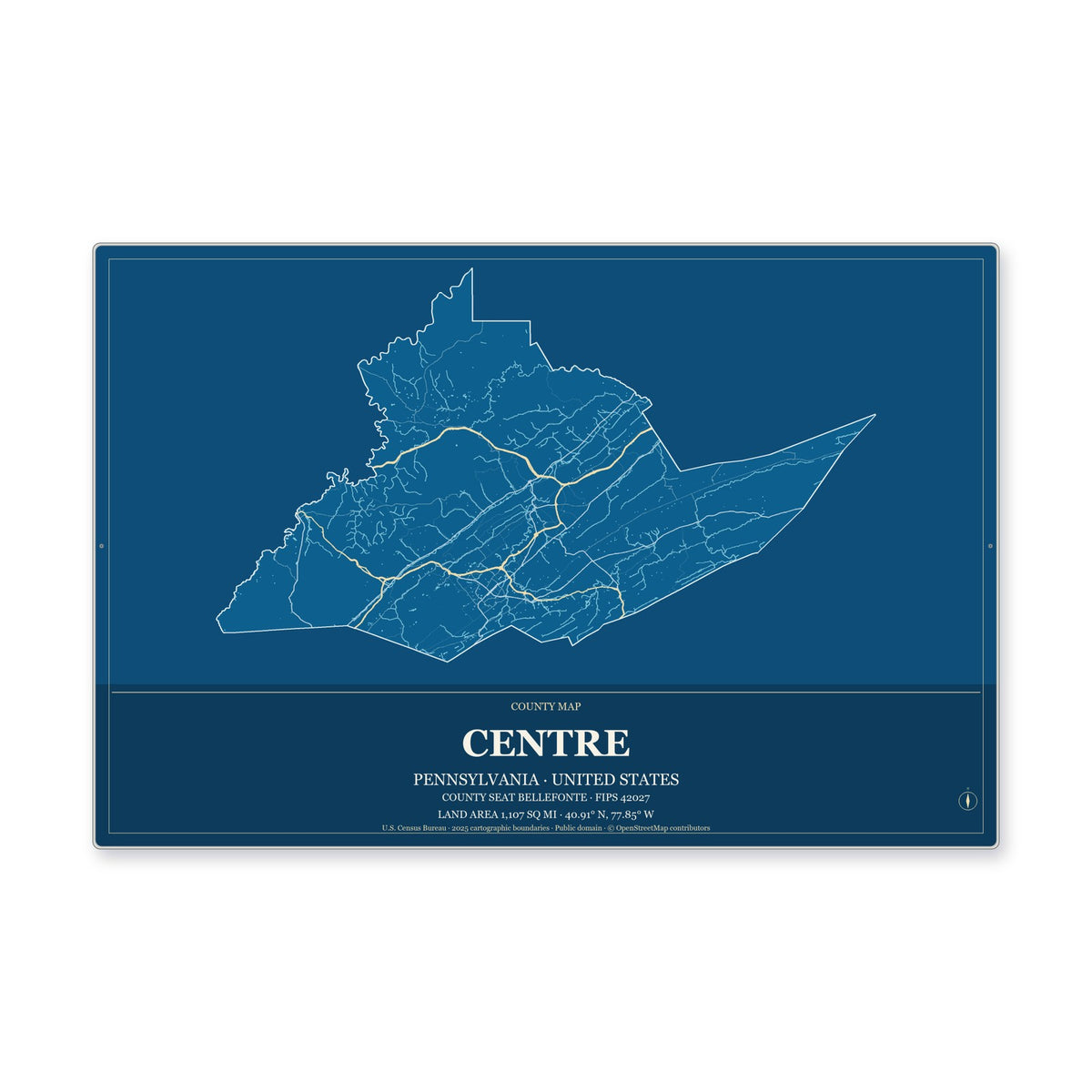 Centre County, Pennsylvania Map Aluminum Sign in Harbor Cobalt style