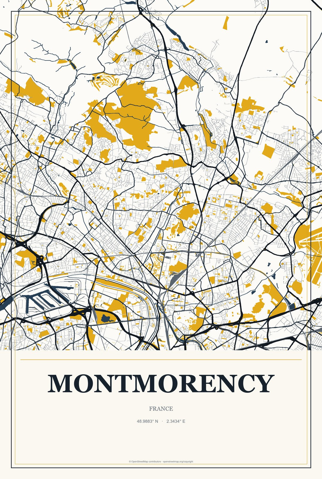 Montmorency, France City Map Aluminum Sign in Citrine Modern style