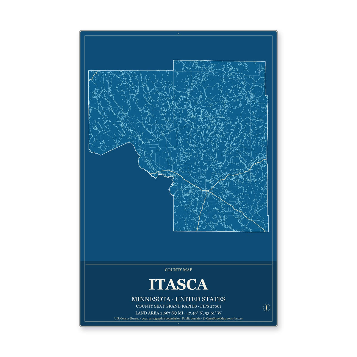 Itasca County, Minnesota Map Aluminum Sign in Harbor Cobalt style