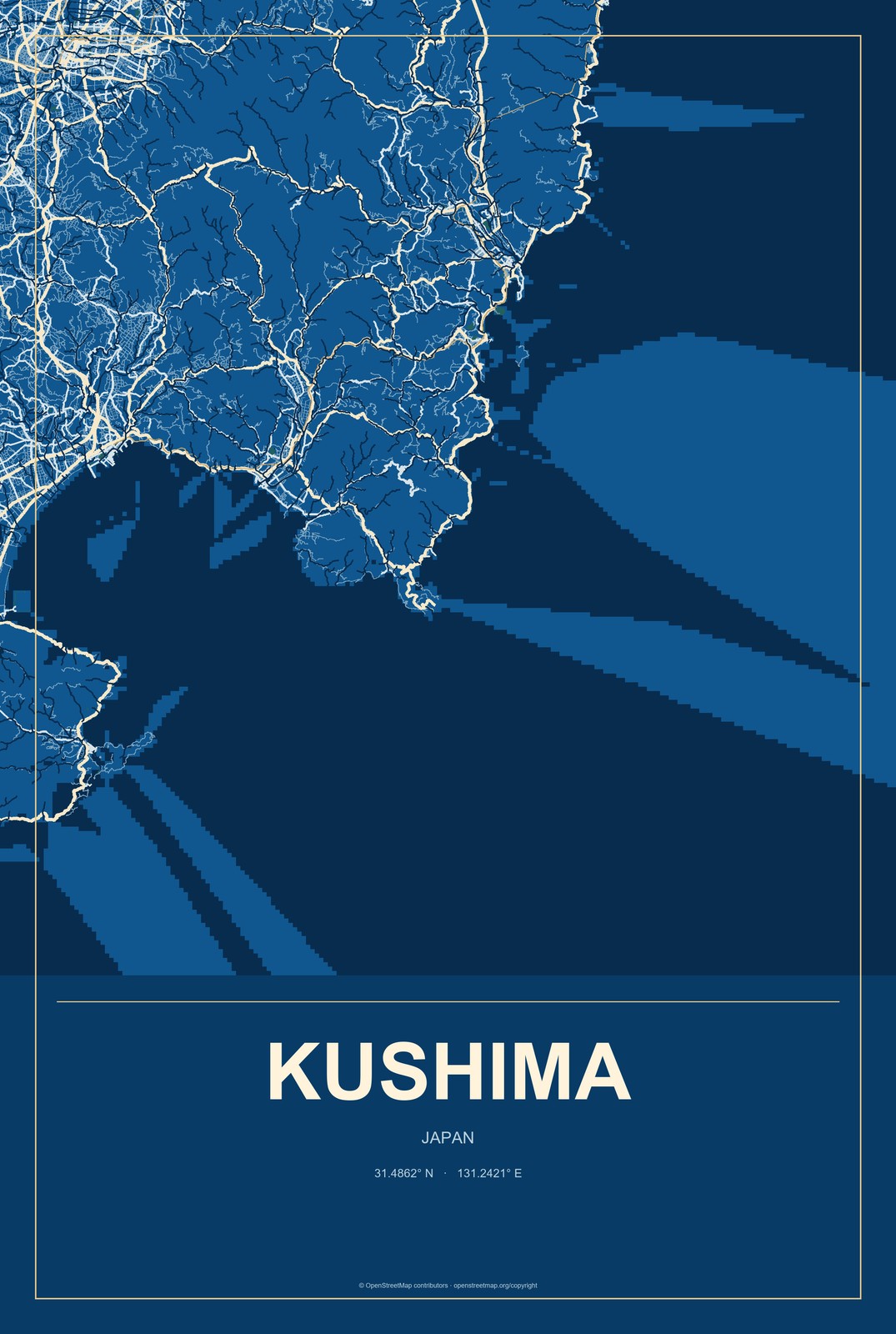 Kushima, Japan City Map Aluminum Sign in Harbor Cobalt style