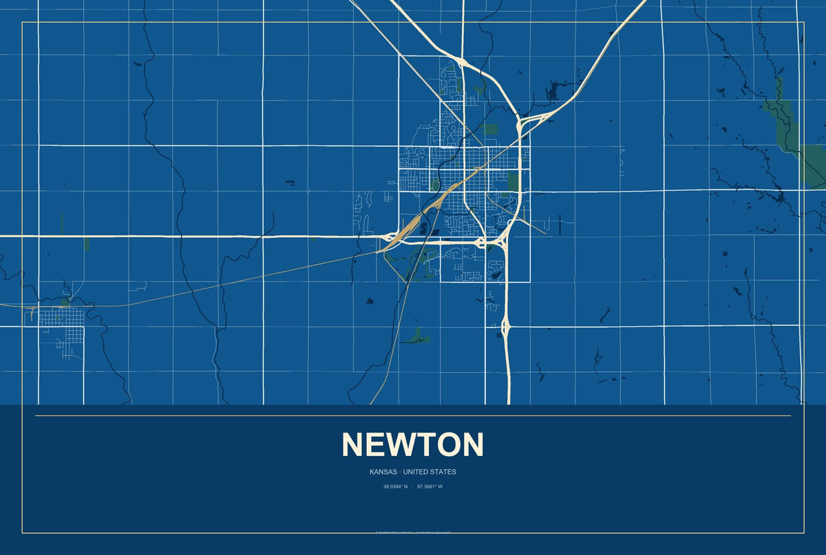 Newton, Kansas City Map Aluminum Sign in Harbor Cobalt style