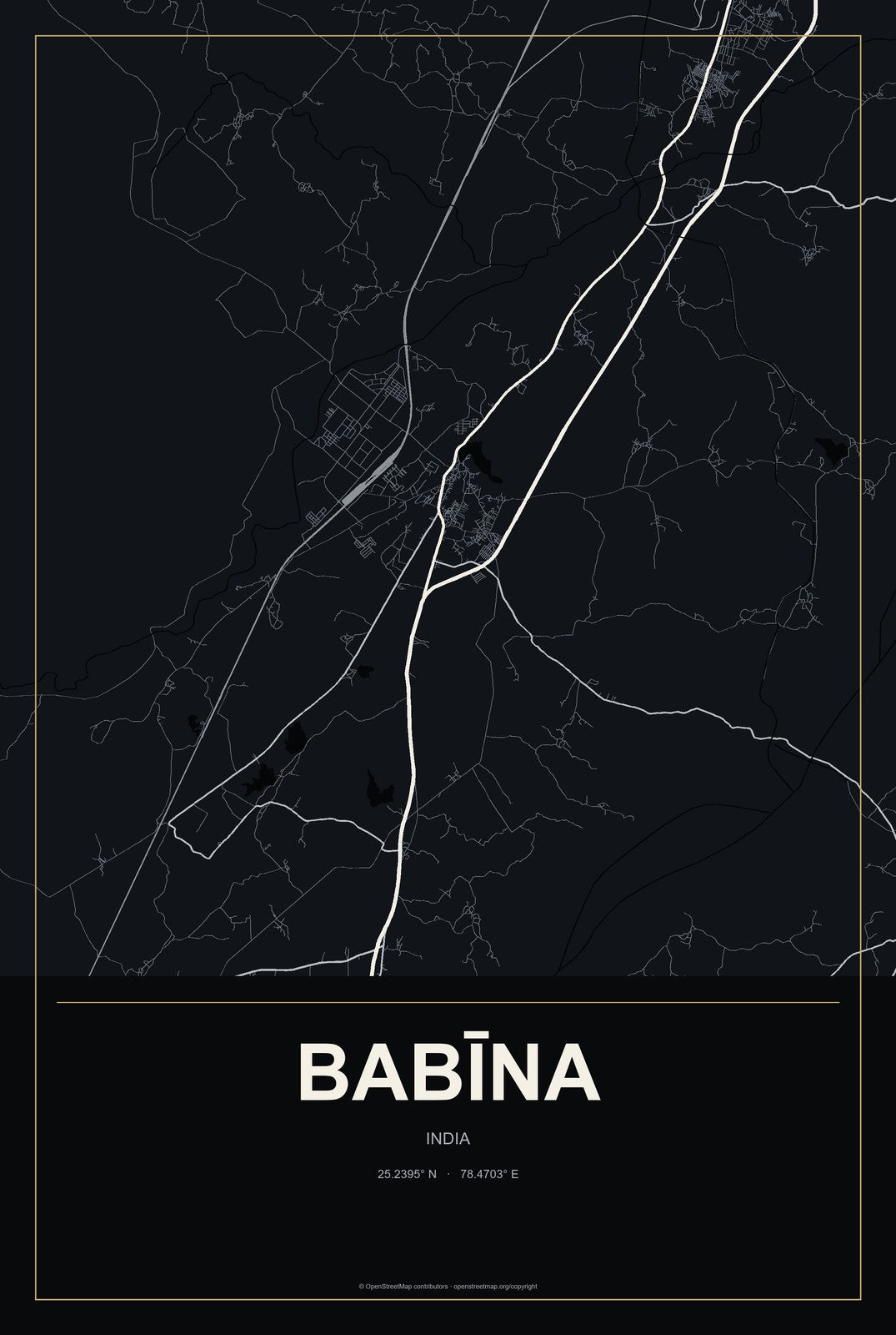 Babīna, India City Map Aluminum Sign in Metropolitan Noir style