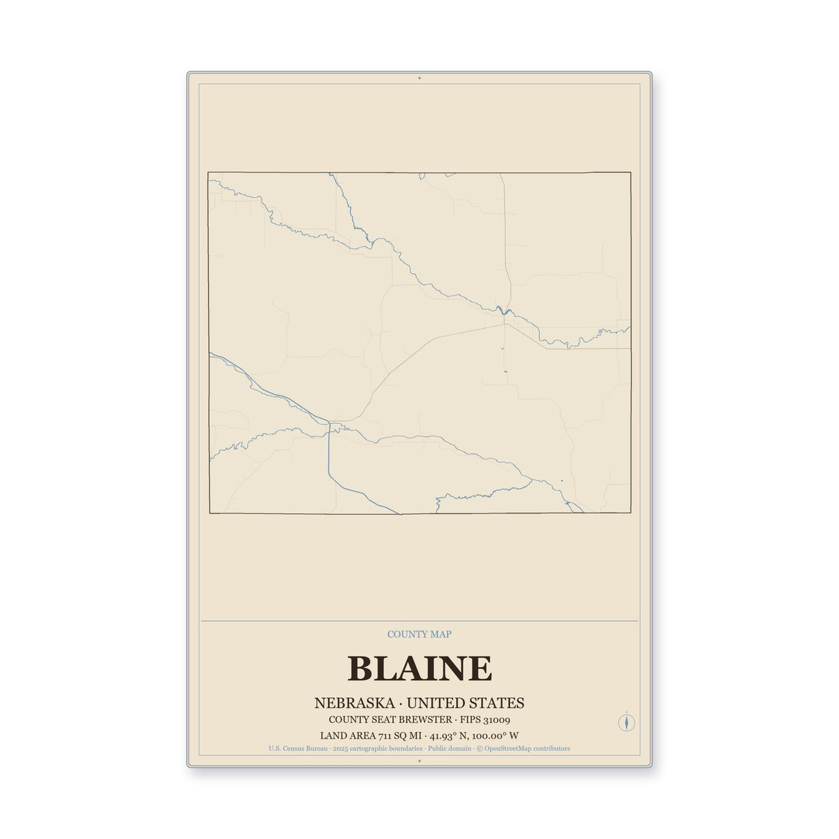 Blaine County, Nebraska Map Aluminum Sign in Heritage Nautical style