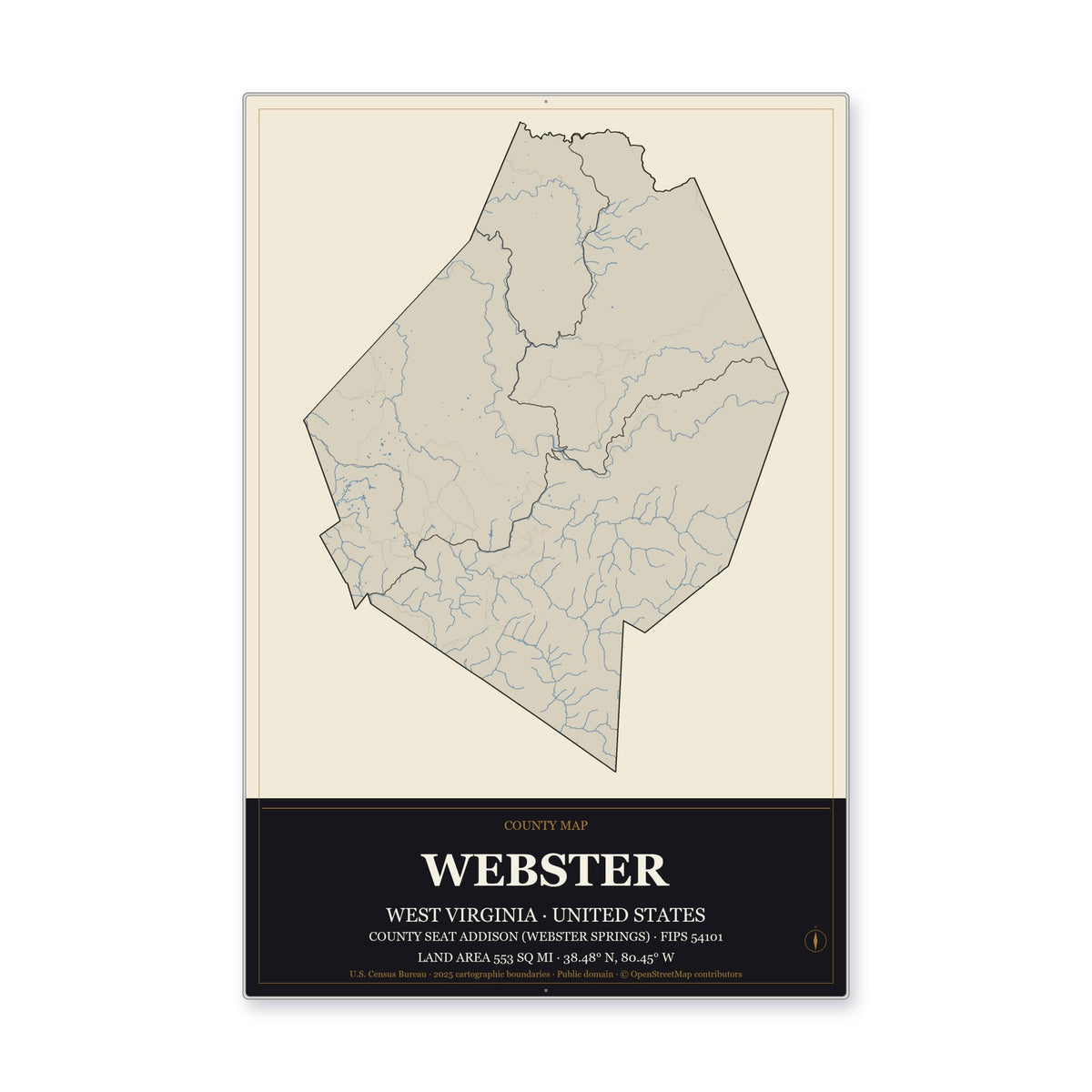 Webster County, West Virginia Map Aluminum Sign in Museum Plaque style