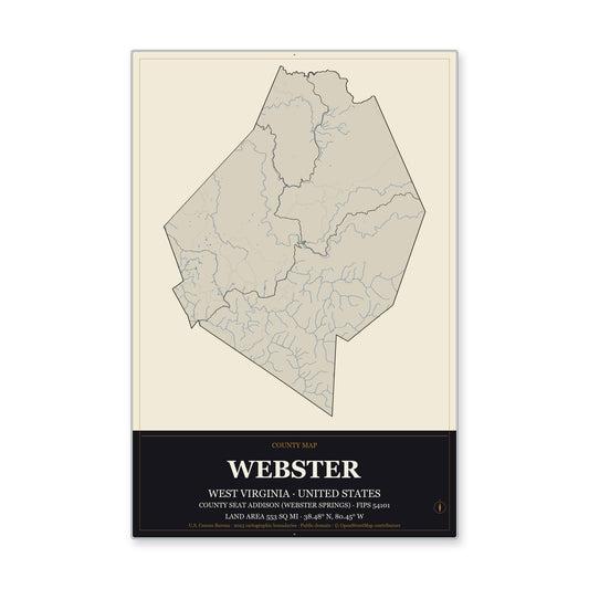 Webster County, West Virginia Map Aluminum Sign in Museum Plaque style