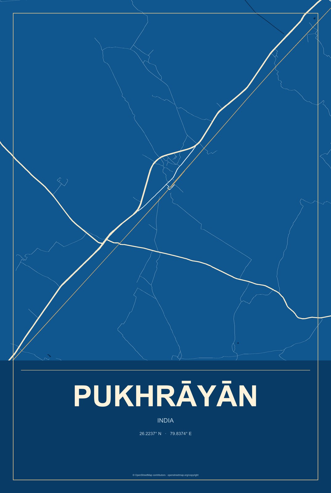 Pukhrāyān, India City Map Aluminum Sign in Harbor Cobalt style