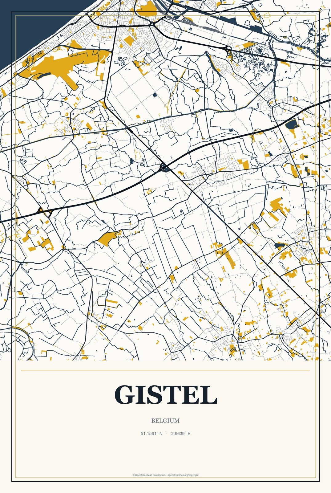 Gistel, Belgium City Map Aluminum Sign in Citrine Modern style