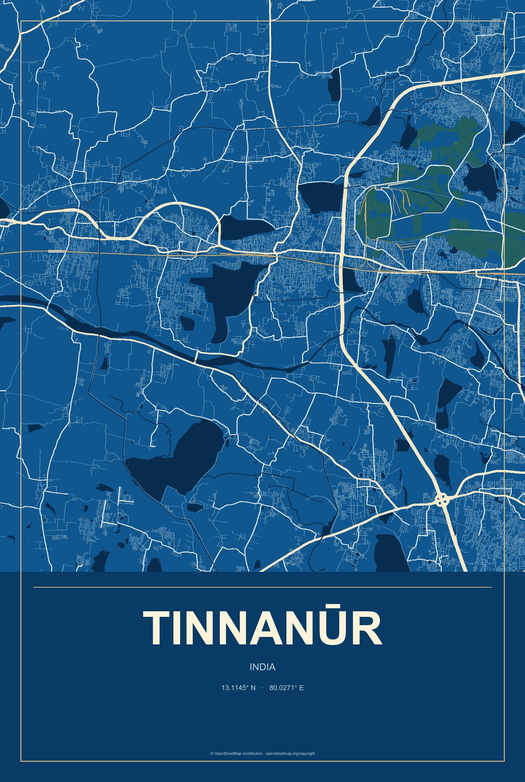 Tinnanūr, India City Map Aluminum Sign in Harbor Cobalt style
