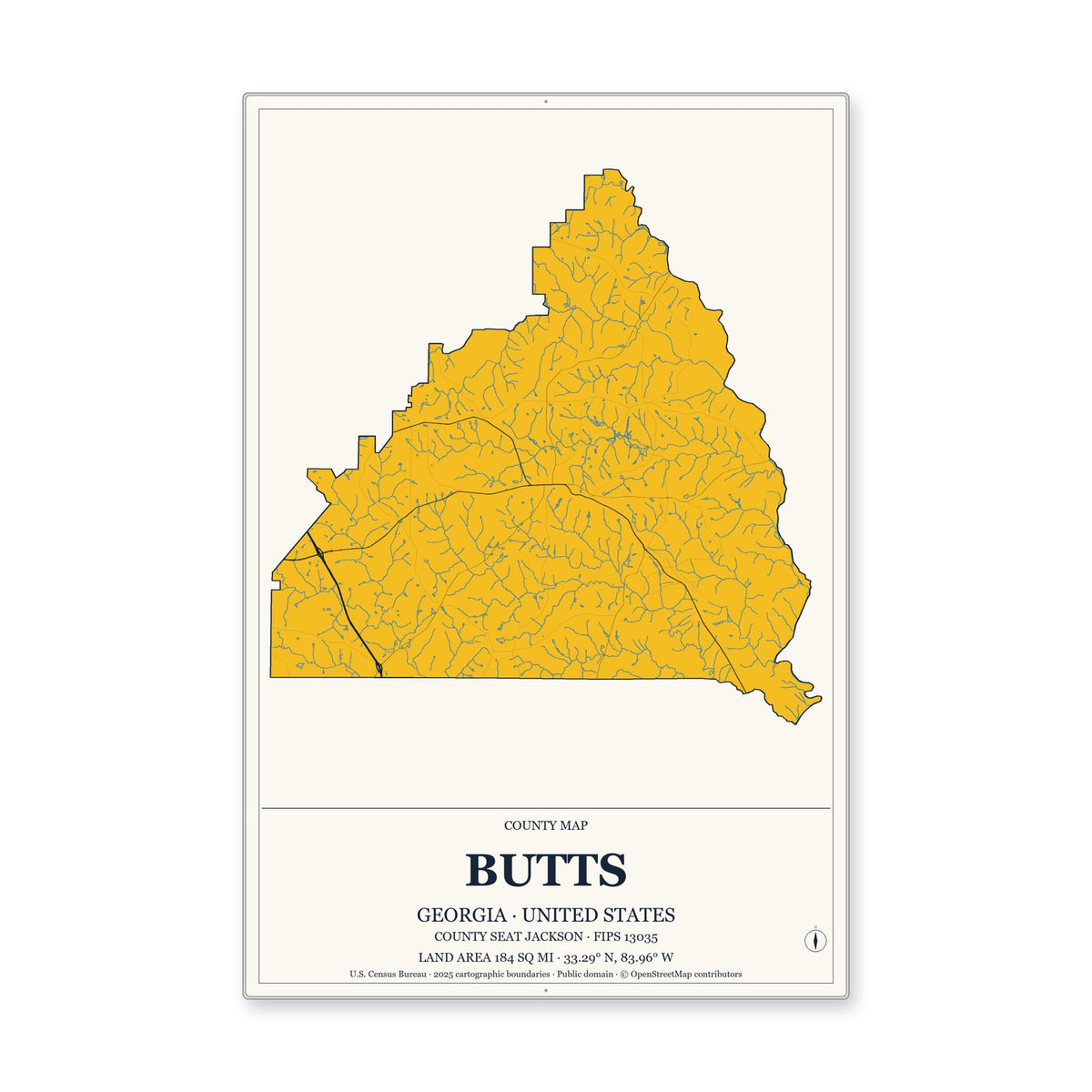 Butts County, Georgia Map Aluminum Sign in Citrine Modern style