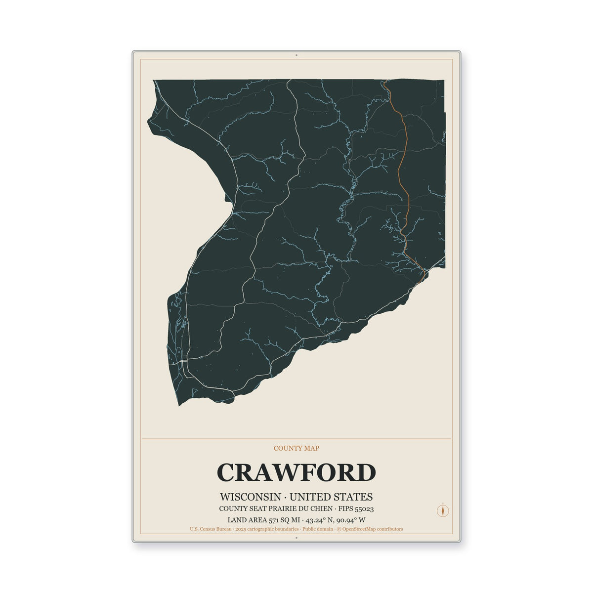 Crawford County, Wisconsin Map Aluminum Sign in Headline Atlas style