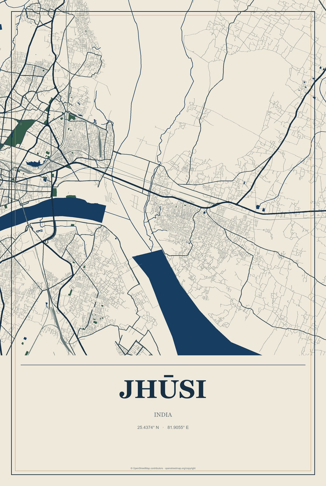 Jhūsi, India City Map Aluminum Sign in Coastal Cutout style