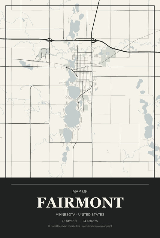 Fairmont, Minnesota City Map Aluminum Sign in Museum Plaque style