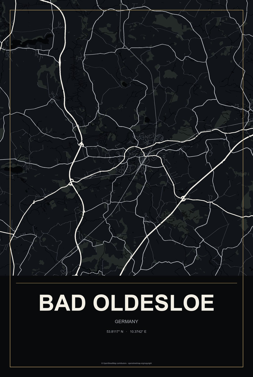 Bad Oldesloe, Germany City Map Aluminum Sign in Metropolitan Noir style