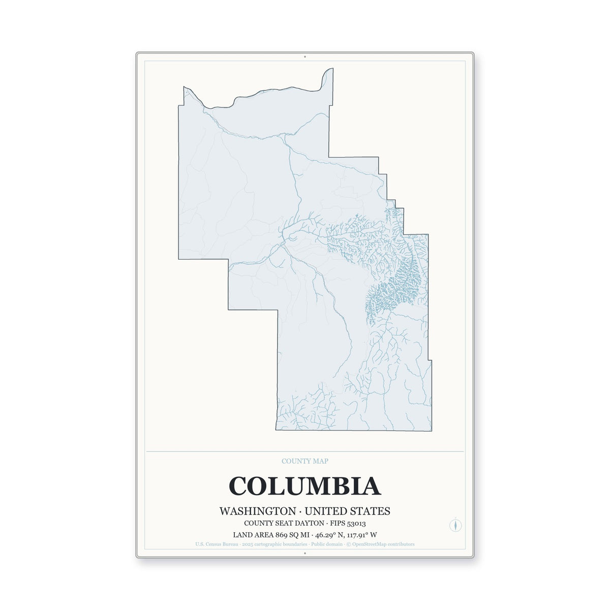 Columbia County, Washington Map Aluminum Sign in Gallery Air style