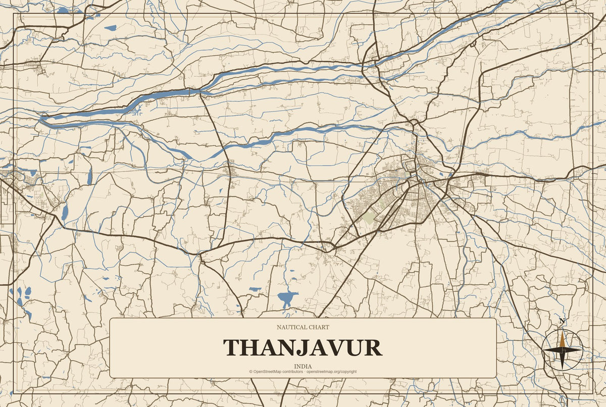 Thanjavur, India City Map Aluminum Sign in Heritage Nautical style