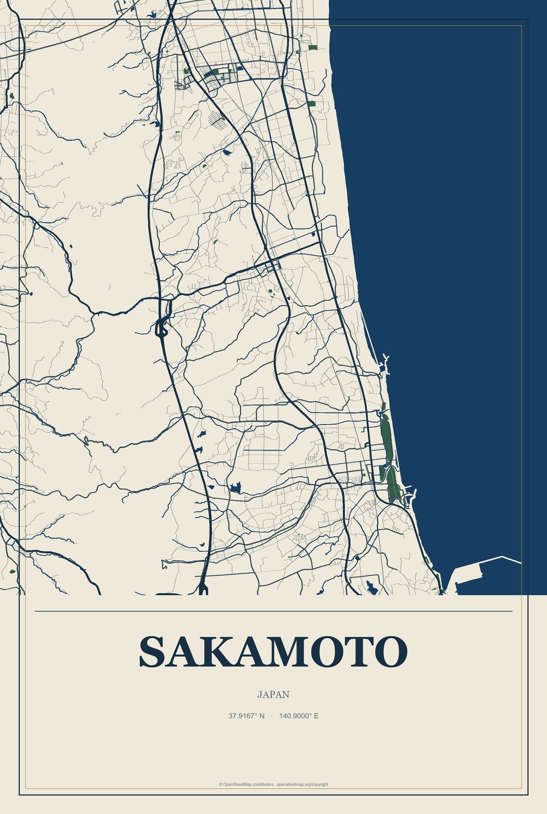 Sakamoto, Japan City Map Aluminum Sign in Coastal Cutout style
