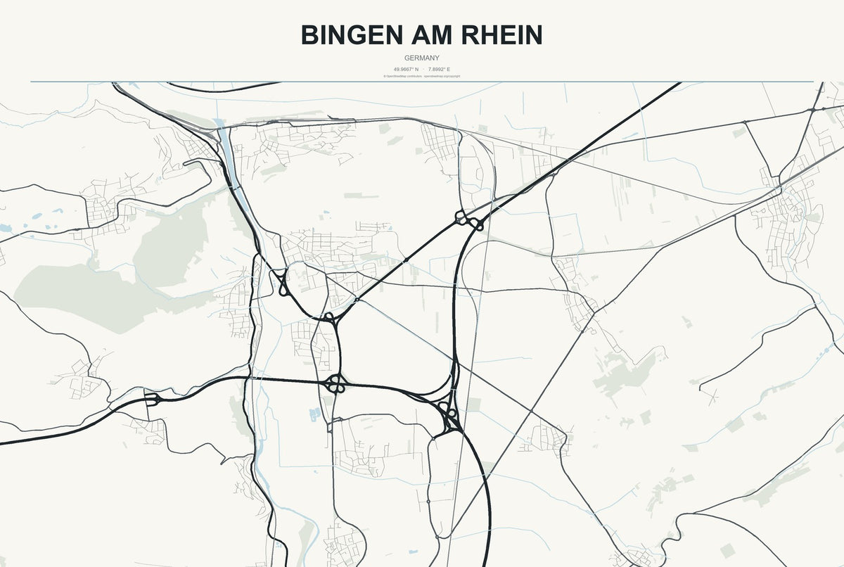 Bingen am Rhein, Germany City Map Aluminum Sign in Headline Atlas style