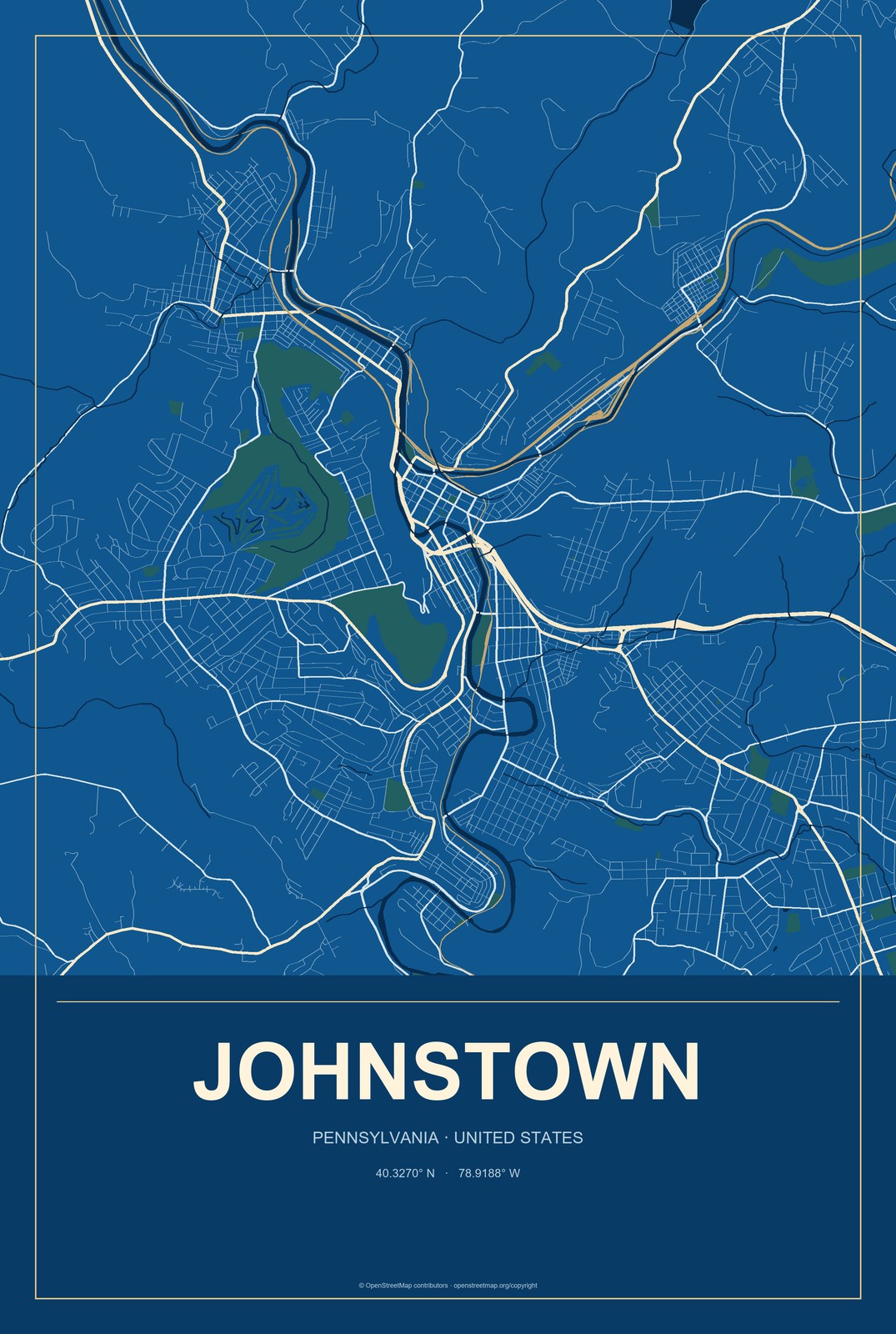 Johnstown, Pennsylvania City Map Aluminum Sign in Harbor Cobalt style