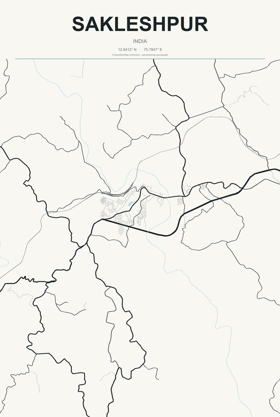 Sakleshpur, India City Map Aluminum Sign in Headline Atlas style