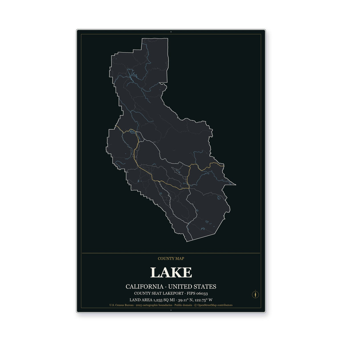 Lake County, California Map Aluminum Sign in Metropolitan Noir style