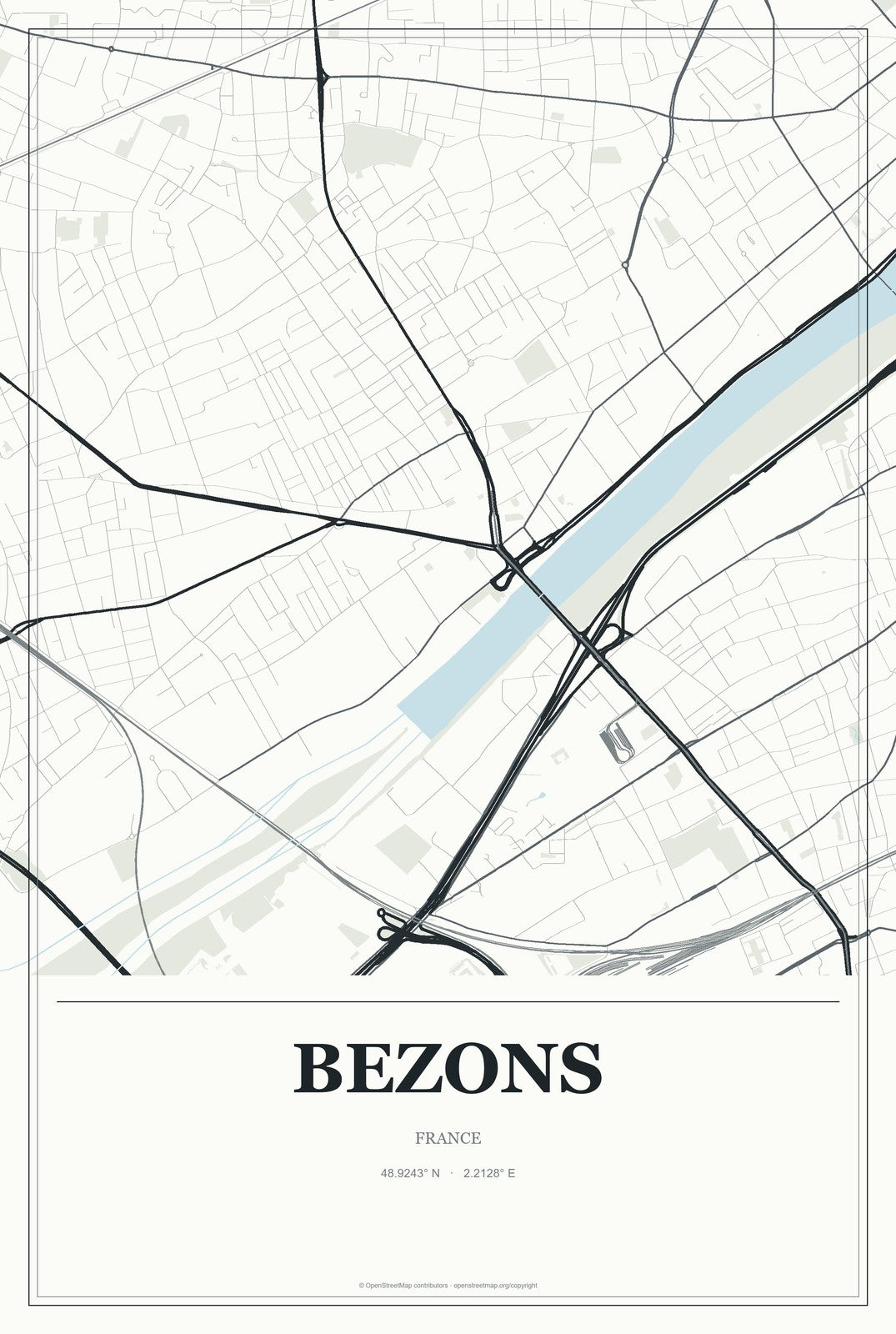 Bezons, France City Map Aluminum Sign in Gallery Air style
