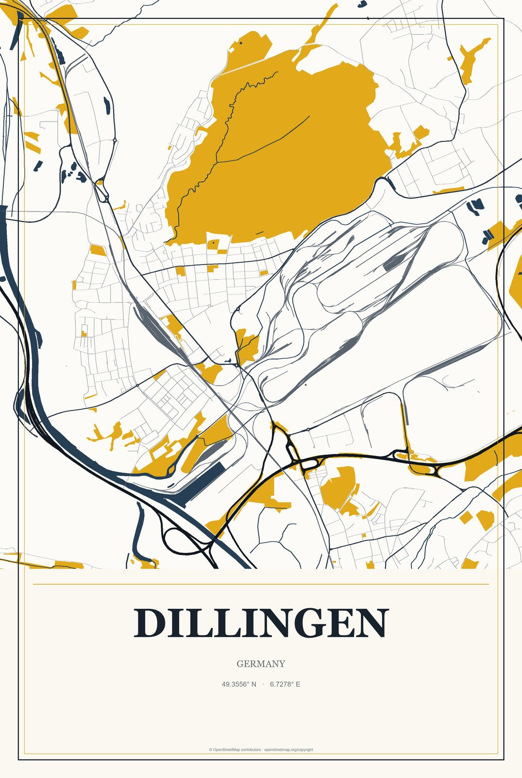 Dillingen, Germany City Map Aluminum Sign in Citrine Modern style