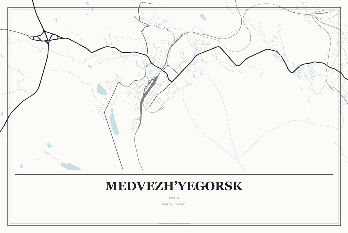 Medvezh’yegorsk, Russia City Map Aluminum Sign in Gallery Air style