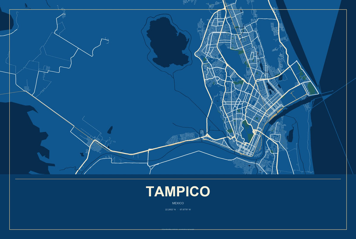 Tampico, Mexico City Map Aluminum Sign in Harbor Cobalt style