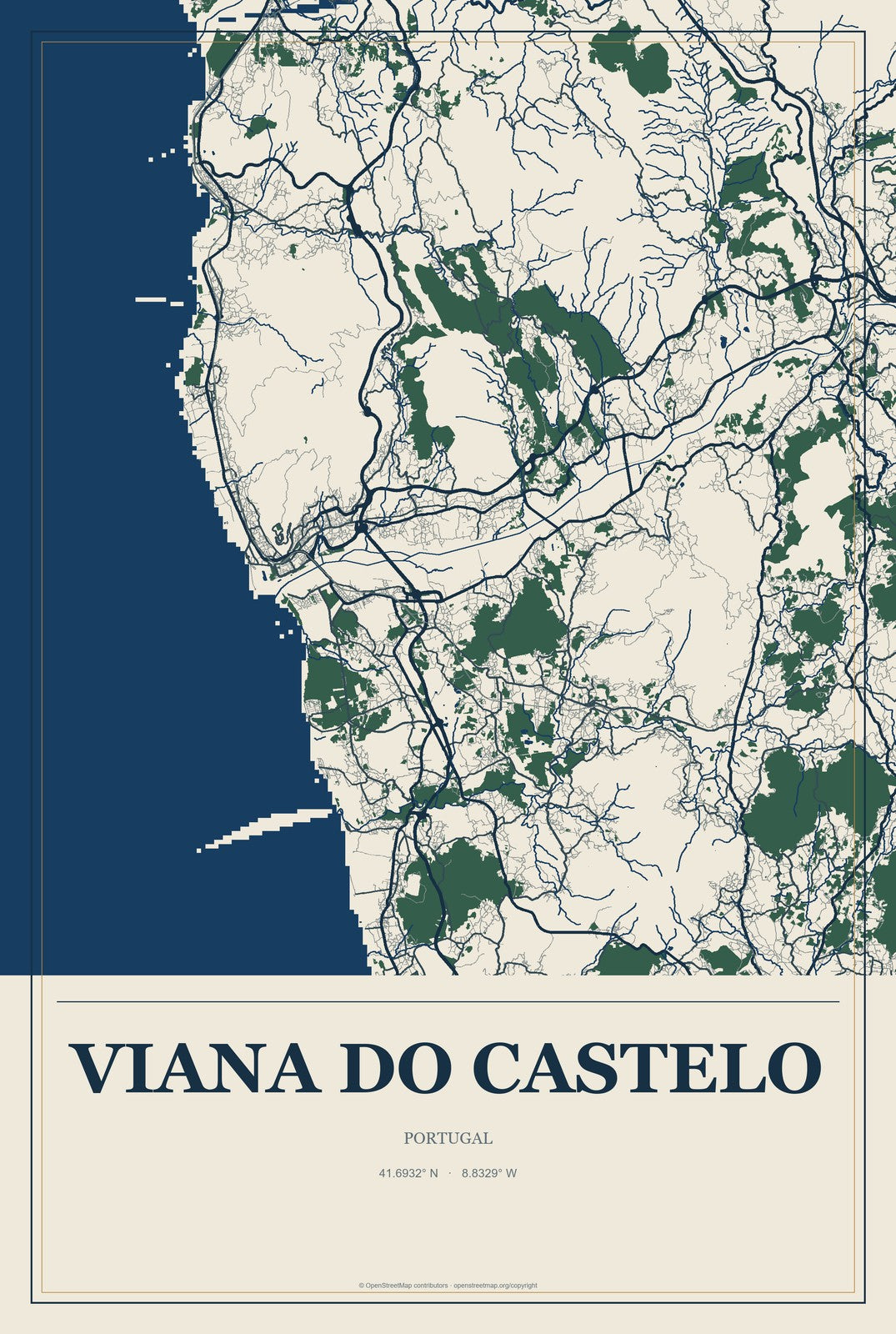Viana do Castelo, Portugal City Map Aluminum Sign in Coastal Cutout style