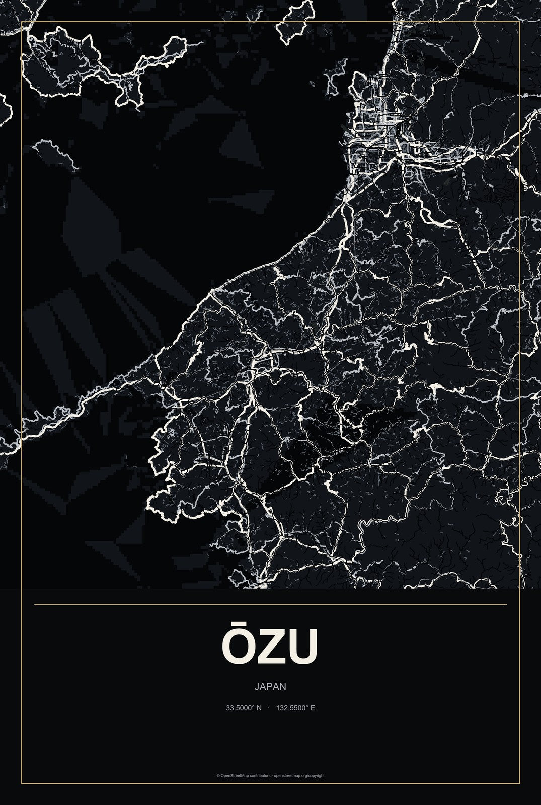 Ōzu, Kumamoto, Japan City Map Aluminum Sign in Metropolitan Noir style