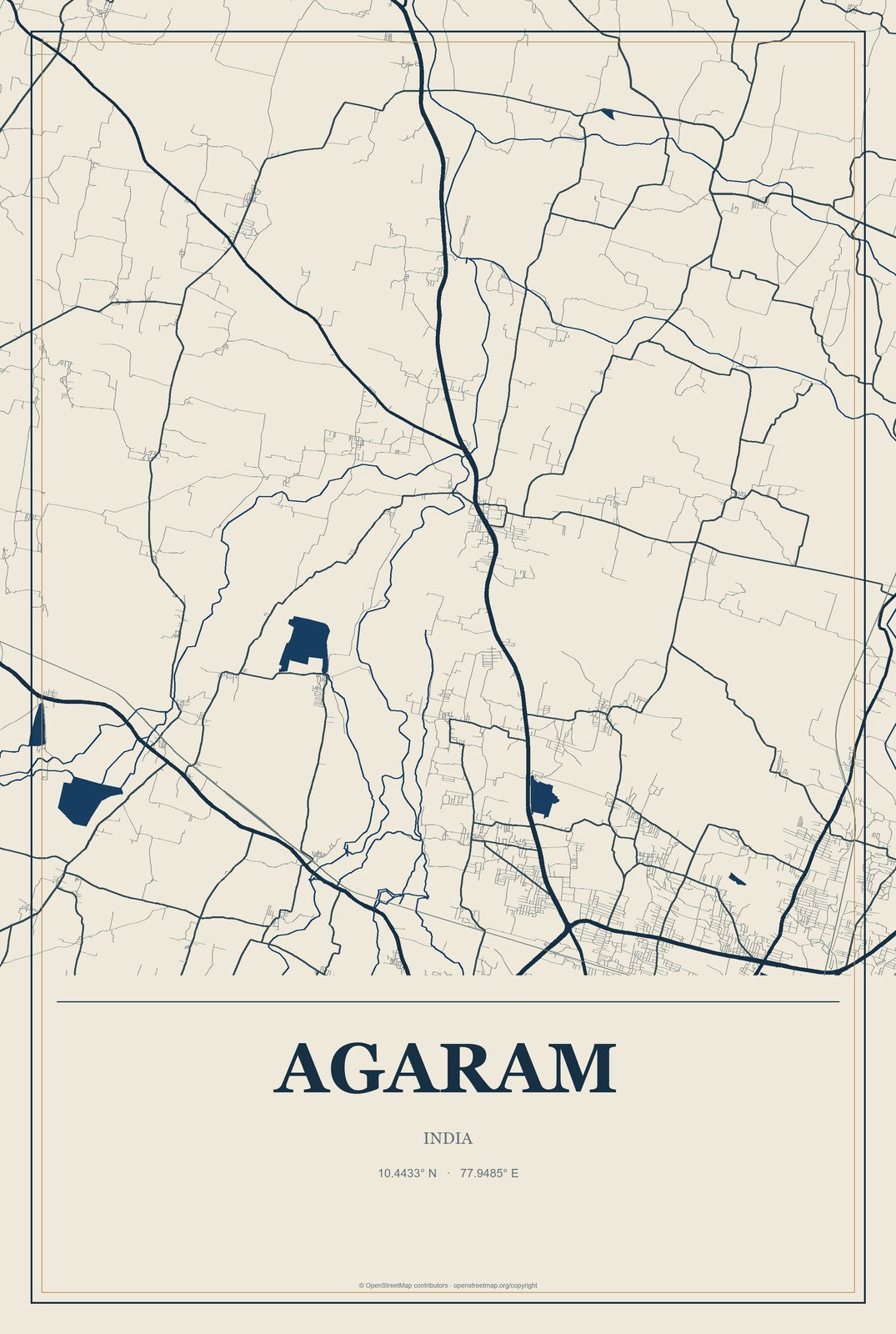Agaram, India City Map Aluminum Sign in Coastal Cutout style