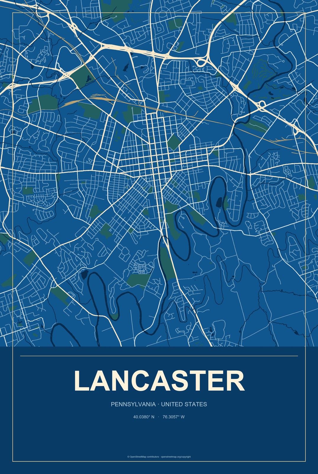 Lancaster, Pennsylvania City Map Aluminum Sign in Harbor Cobalt style