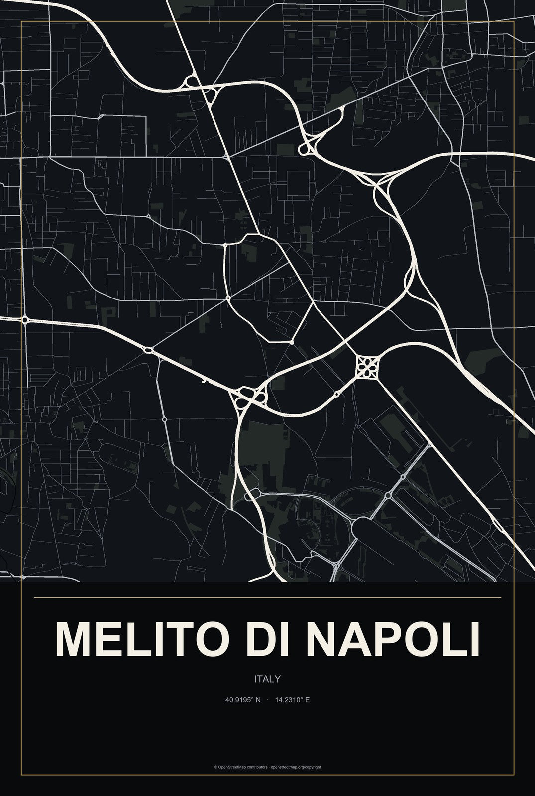 Melito di Napoli, Italy City Map Aluminum Sign in Metropolitan Noir style
